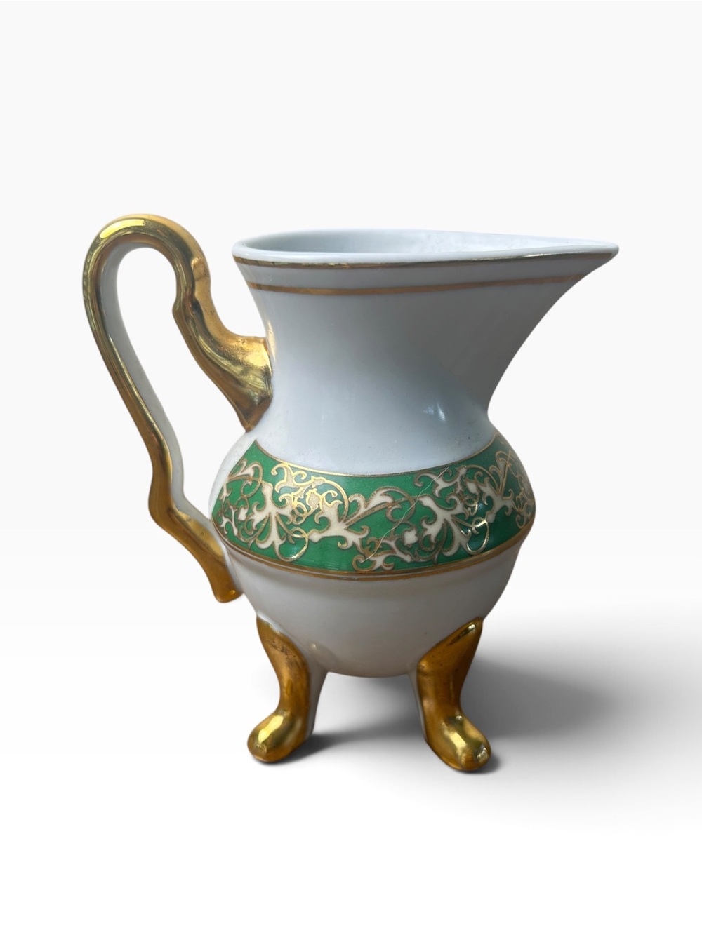 Fine Bone China Green Gold Footed Creamer Pitcher Ornate Scroll Design